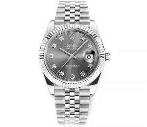 AR Factory Rolex Oyster Perpetual Datejust 41mm Stainless Steel Grey Dial Diamond Markers Fluted Bezel Jubilee Bracelet Watch