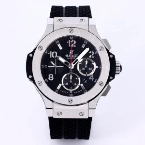 BB Factory Hublot Big Bang 44mm Black Dial Chronograph Watch with Rubber Strap – Silver Case | Super Clone Edition