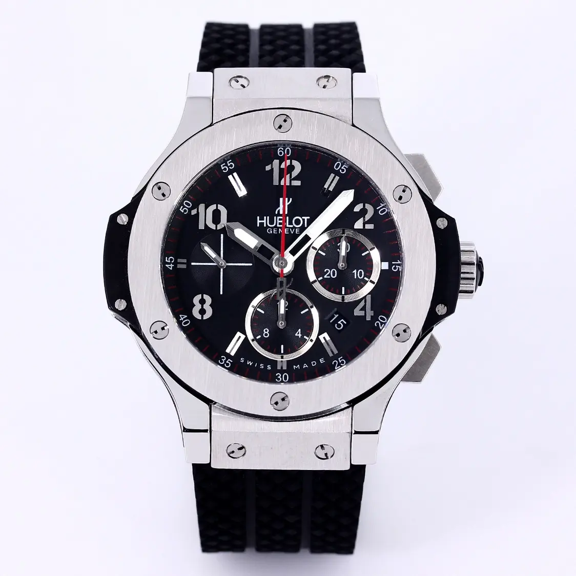 BB Factory Hublot Big Bang 44mm Black Dial Chronograph Watch with Rubber Strap – Silver Case | Super Clone Edition