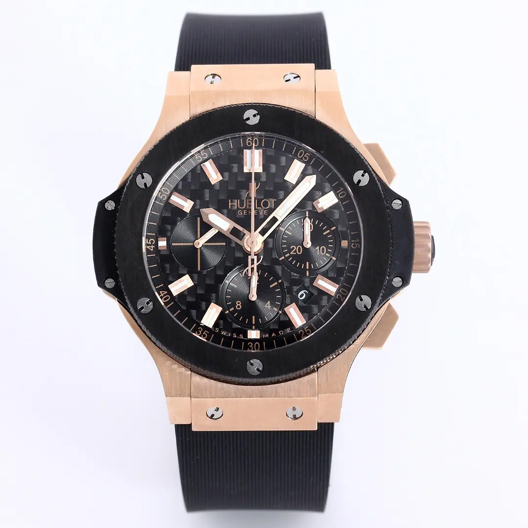 BB Factory Hublot Big Bang 44mm Rose Gold Black Dial Chronograph Watch with Rubber Strap – Super Clone Edition