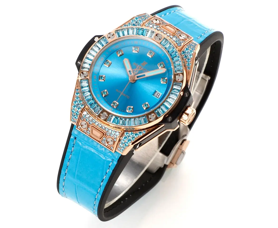 BB Factory HUBLOT Big Bang One-Click 39mm Stainless Steel Rainbow Watch – Blue Dial, Rose Gold and Diamond Bezel, Blue Leather Strap, Best Replica Watch - 图片 2