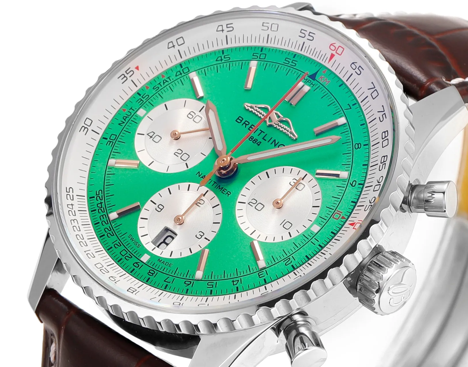 BLS Factory Breitling Navitimer Chronograph Green Dial Brown Leather Strap Stainless Steel Watch - 图片 2