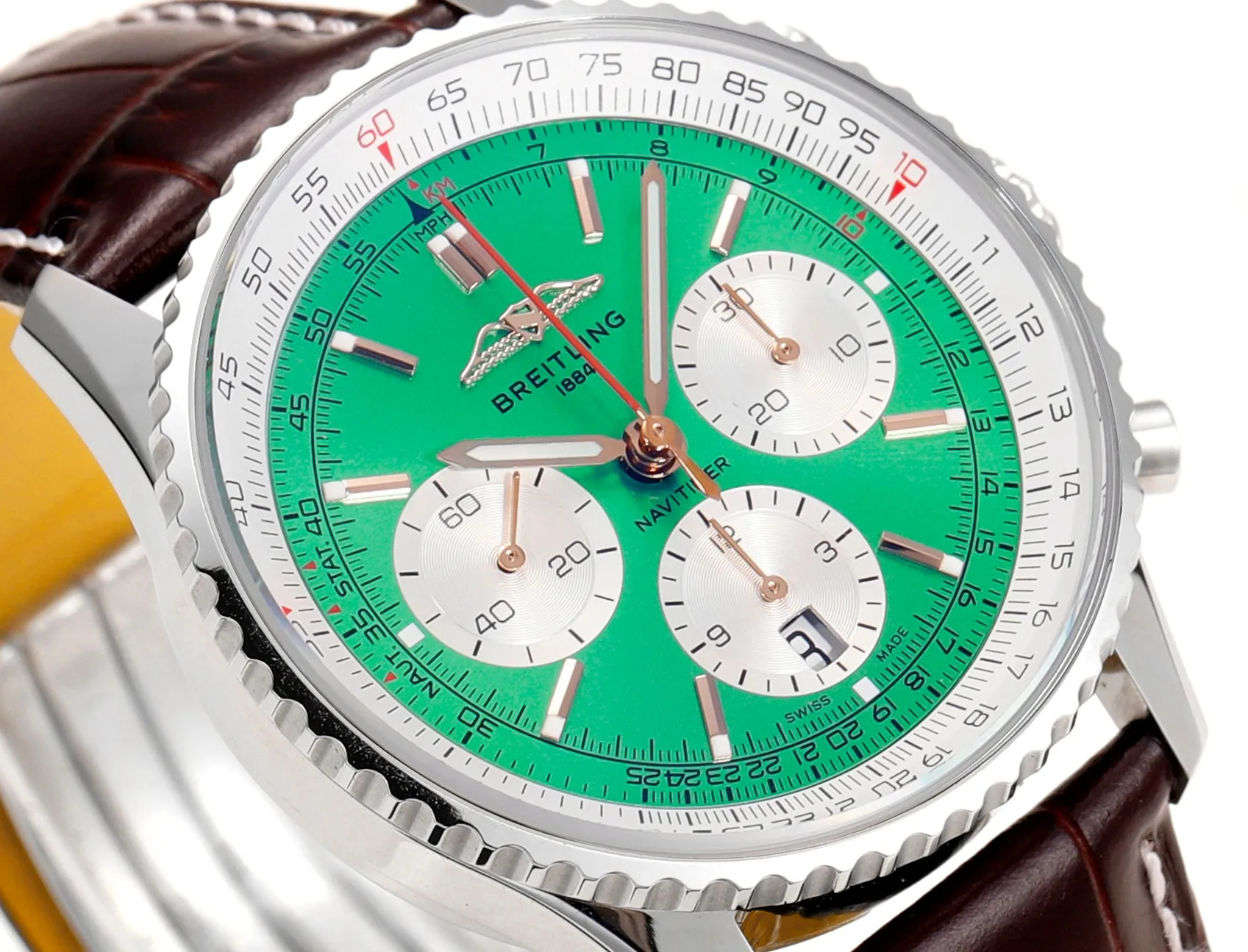 BLS Factory Breitling Navitimer Chronograph Green Dial Brown Leather Strap Stainless Steel Watch - 图片 3