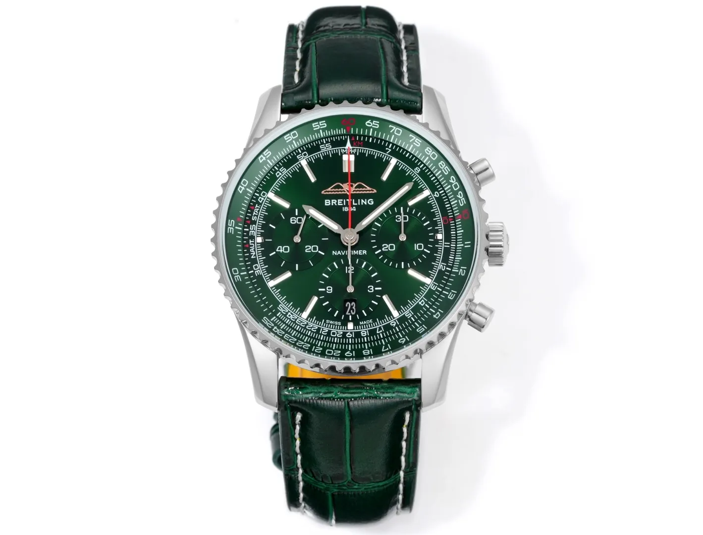 BLS Factory Breitling Navitimer Chronograph Green Dial Leather Strap Aviation Watch