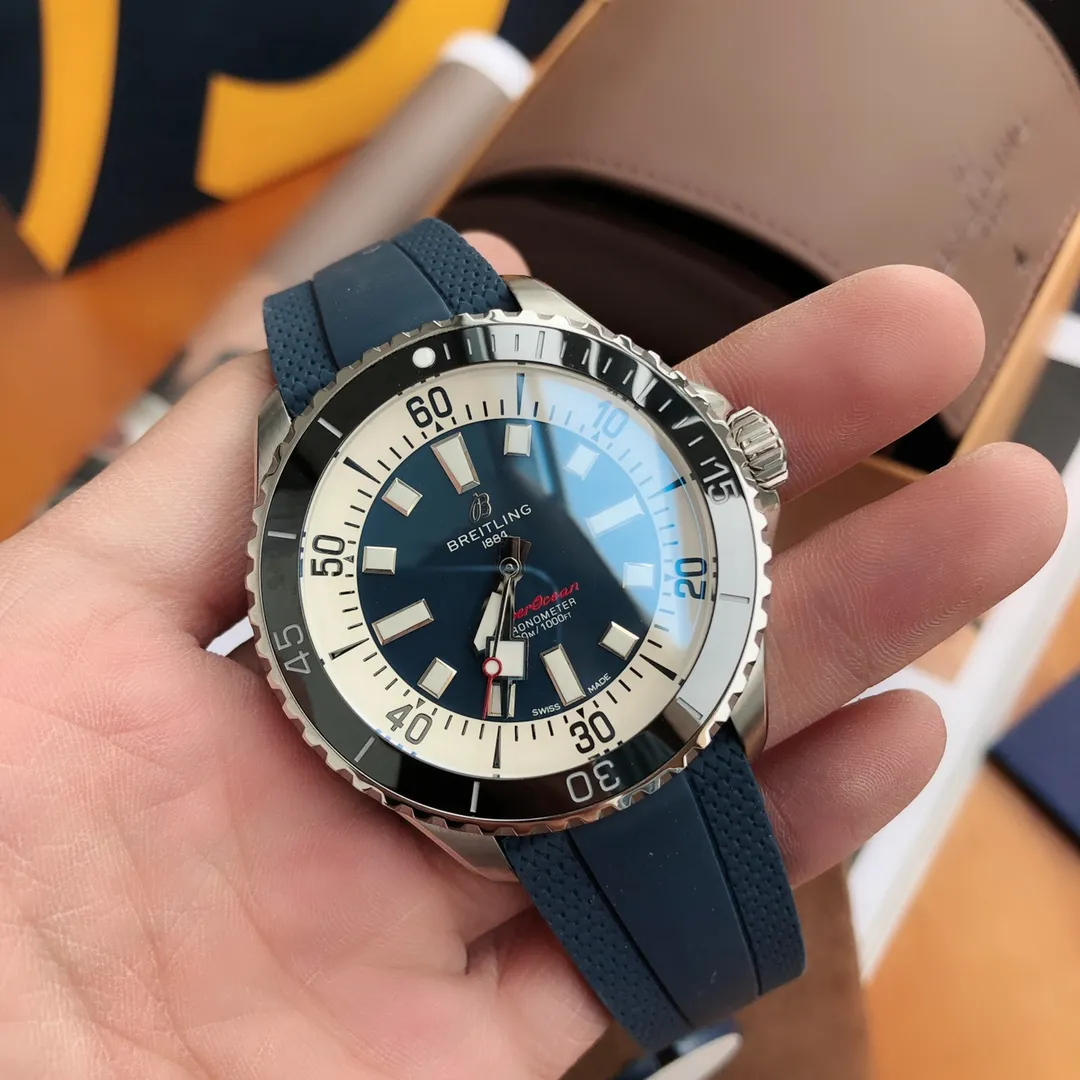 BLS Factory Breitling Superocean Automatic 42mm Blue Dial Men’s Diver Watch with Blue Rubber Strap