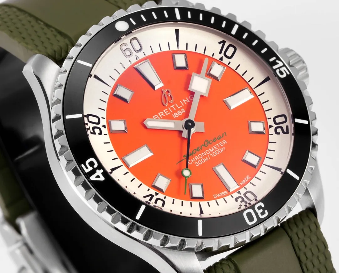 BLS Factory Breitling Superocean Automatic Orange Dial Green Rubber Strap Men’s Diver Watch - 图片 2