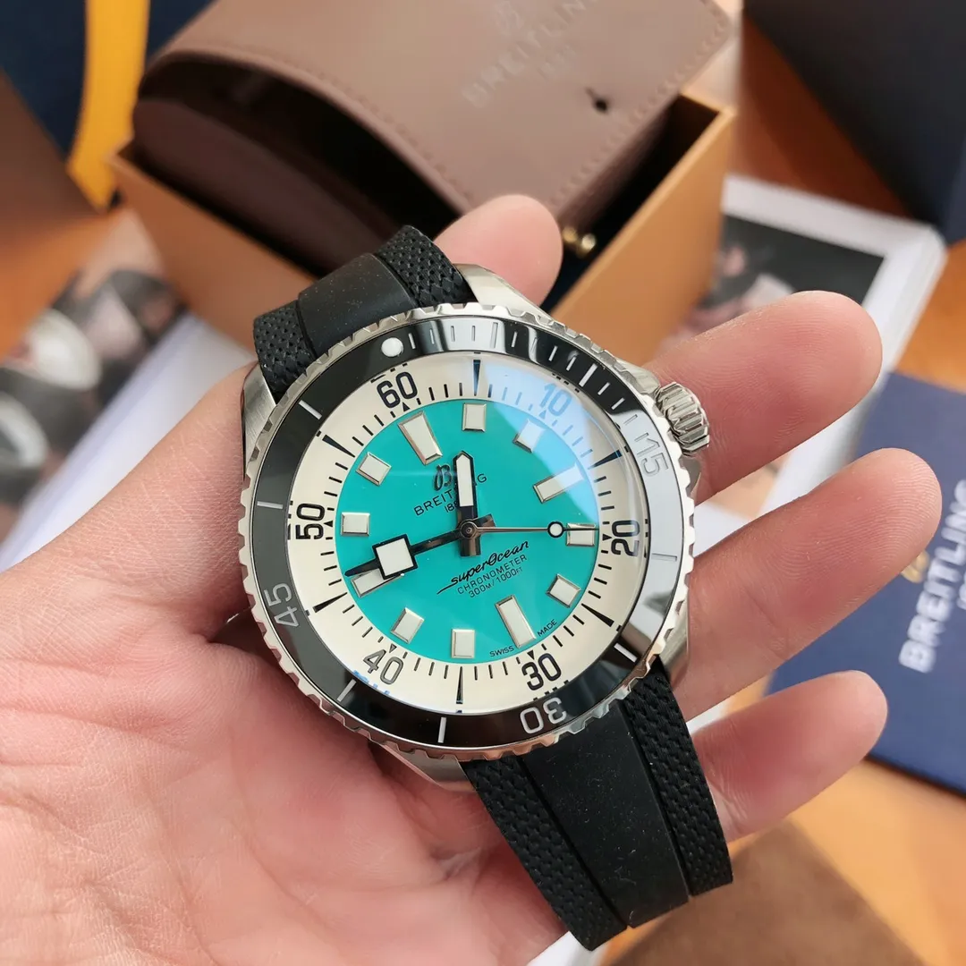BLS Factory Breitling Superocean Automatic Turquoise Dial Black Bezel Rubber Strap Men’s Diver Watch - 图片 3