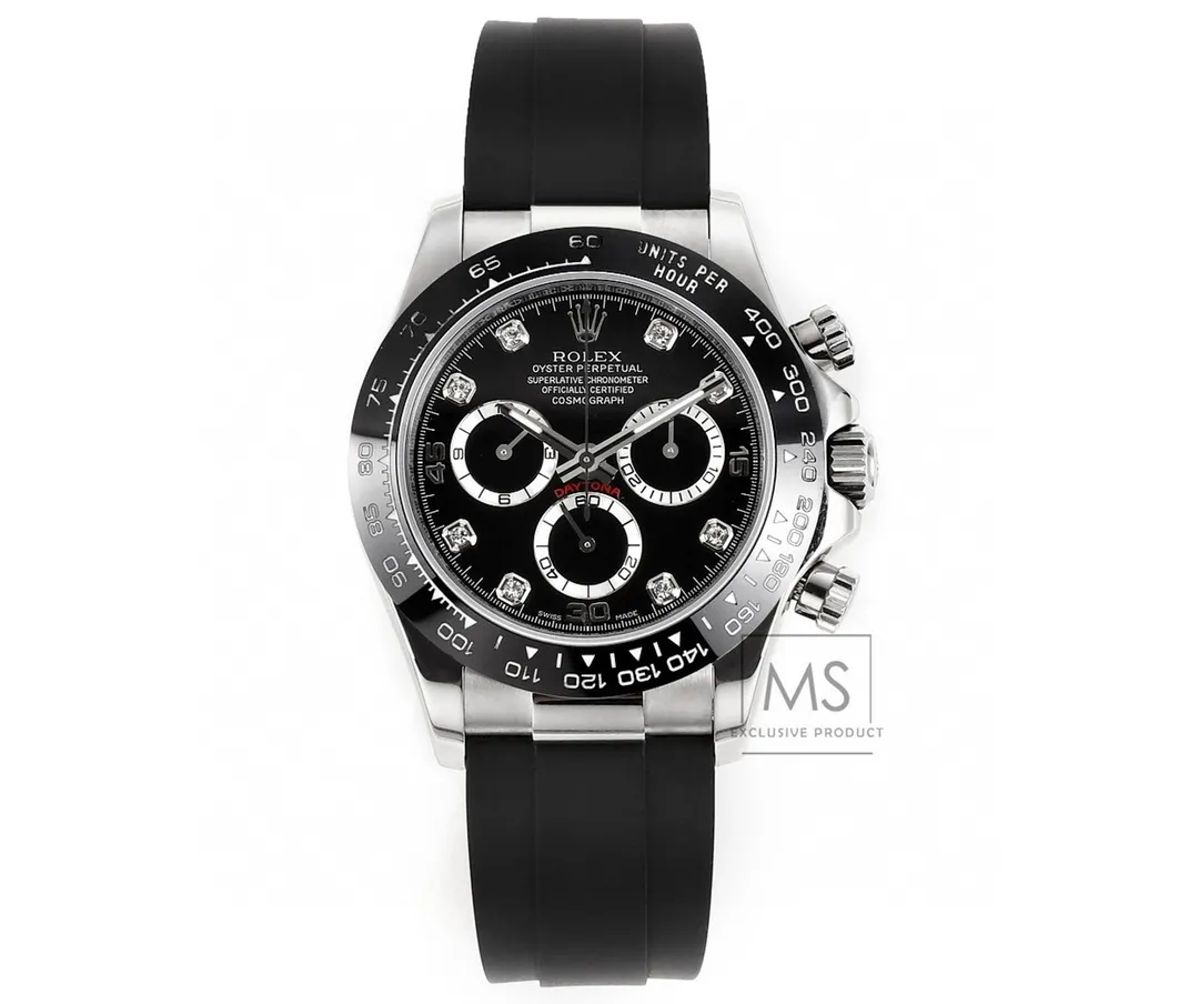 BT Factory Rolex Daytona Black Diamond-Set Dial Chronograph Watch with Black Rubber Strap and Stainless Steel Case