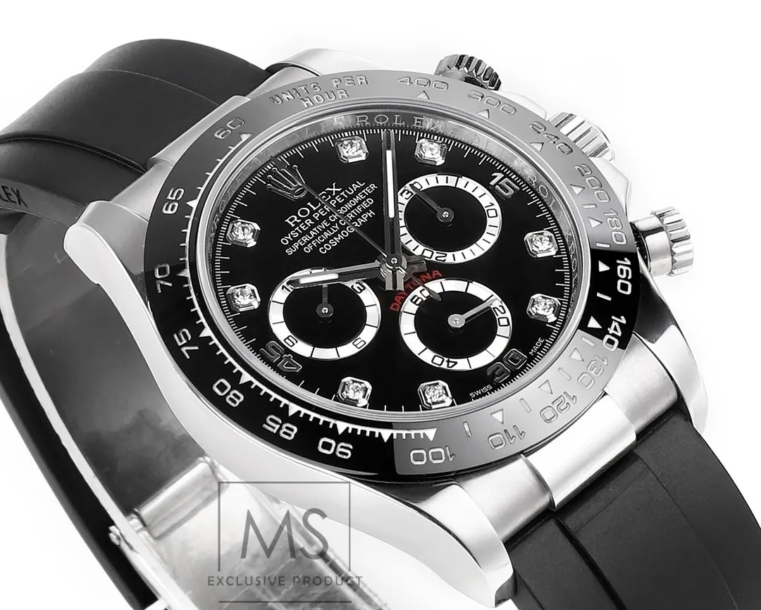 BT Factory Rolex Daytona Black Diamond-Set Dial Chronograph Watch with Black Rubber Strap and Stainless Steel Case - 图片 3