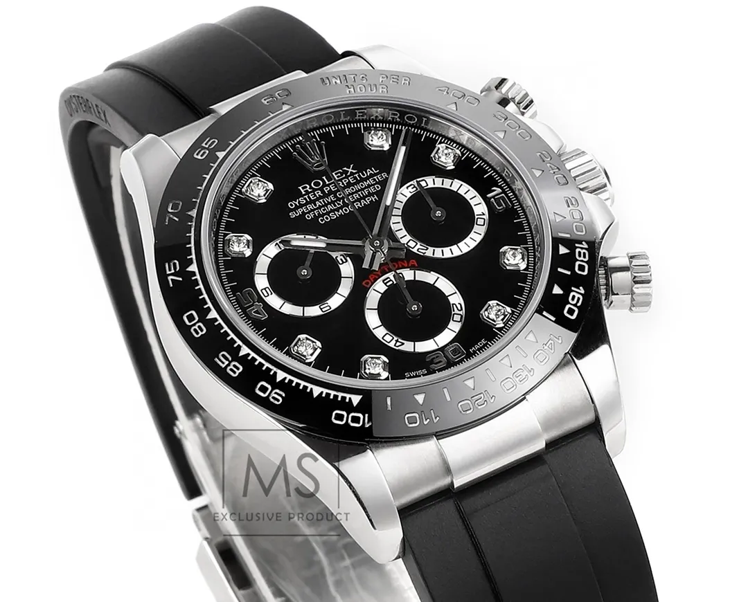BT Factory Rolex Daytona Black Diamond-Set Dial Chronograph Watch with Black Rubber Strap and Stainless Steel Case - 图片 5