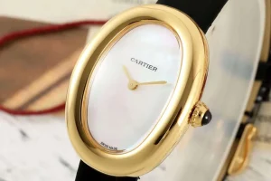 Cartier Baignoire Oval Yellow Gold Case Mother-of-Pearl Dial Black Leather Strap Swiss Made Women’s Luxury Watch