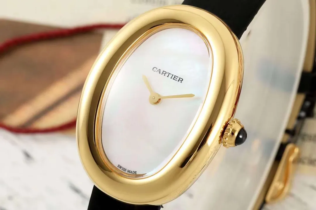 Cartier Baignoire Oval Yellow Gold Case Mother-of-Pearl Dial Black Leather Strap Swiss Made Women’s Luxury Watch