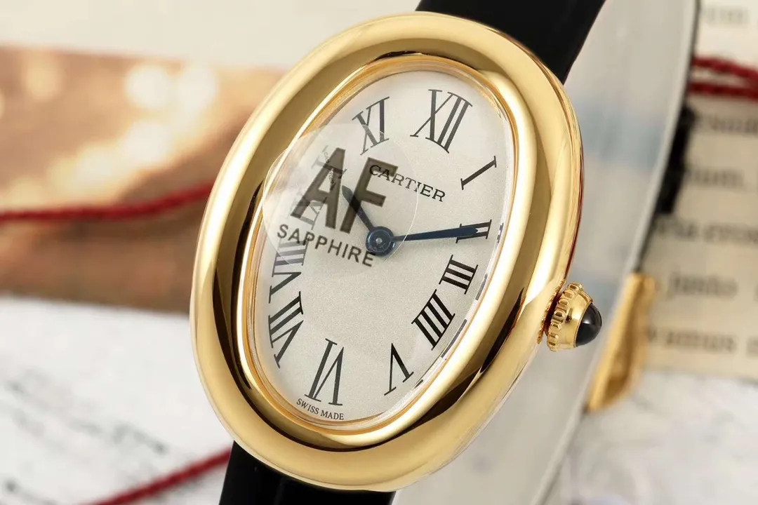 Cartier Baignoire Yellow Gold Oval Women’s Watch with White Dial, Roman Numerals, Black Leather Strap, and Sapphire Cabochon Crown