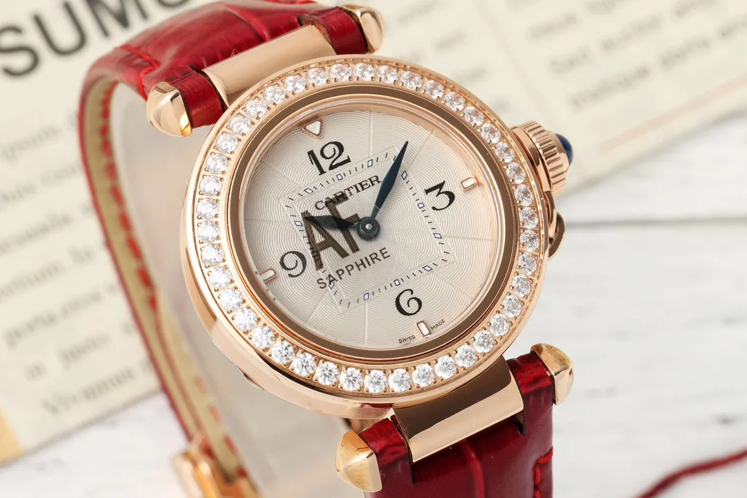 Cartier Ballon Bleu de Cartier Women’s Rose Gold Watch with Diamond Bezel and Red Leather Strap - 图片 3