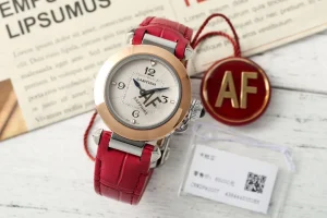 Cartier Ballon Bleu de Cartier Women’s Watch – Rose Gold & Steel Case, White Dial, Red Leather Strap, Luxury Automatic Timepiece