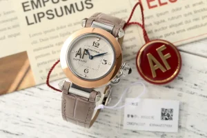 Cartier Pasha de Cartier Women’s Watch in Rose Gold Tone with White Dial, Blue Hands, and Taupe Alligator Leather Strap