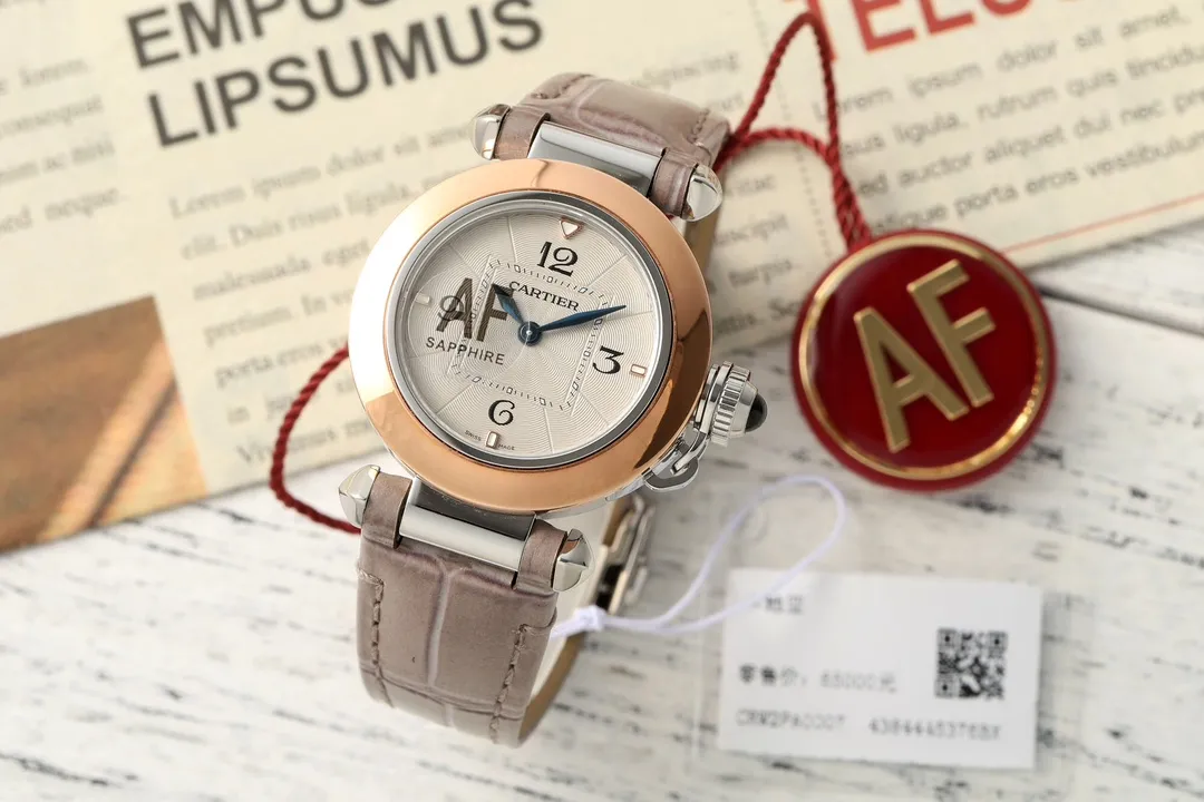 Cartier Pasha de Cartier Women’s Watch in Rose Gold Tone with White Dial, Blue Hands, and Taupe Alligator Leather Strap