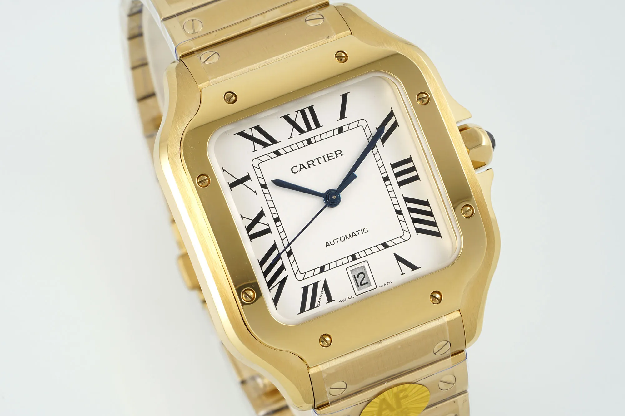 Cartier Santos de Cartier Large Automatic Yellow Gold Watch with White Roman Numeral Dial and Steel Bracelet - 图片 2