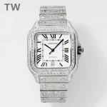 3K Factory Cartier Santos Full Diamond Silver Watch – Best Replica Watches