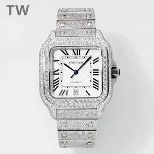 3K Factory Cartier Santos Full Diamond Silver Watch – Best Replica Watches