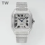 3K Factory Cartier Santos Full Diamond Silver Watch – Top Fake Cartier Watch