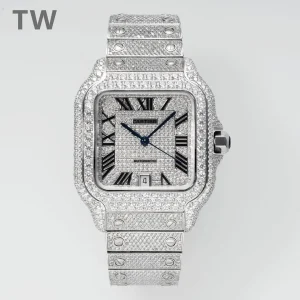 3K Factory Cartier Santos Full Diamond Silver Watch – Top Fake Cartier Watch