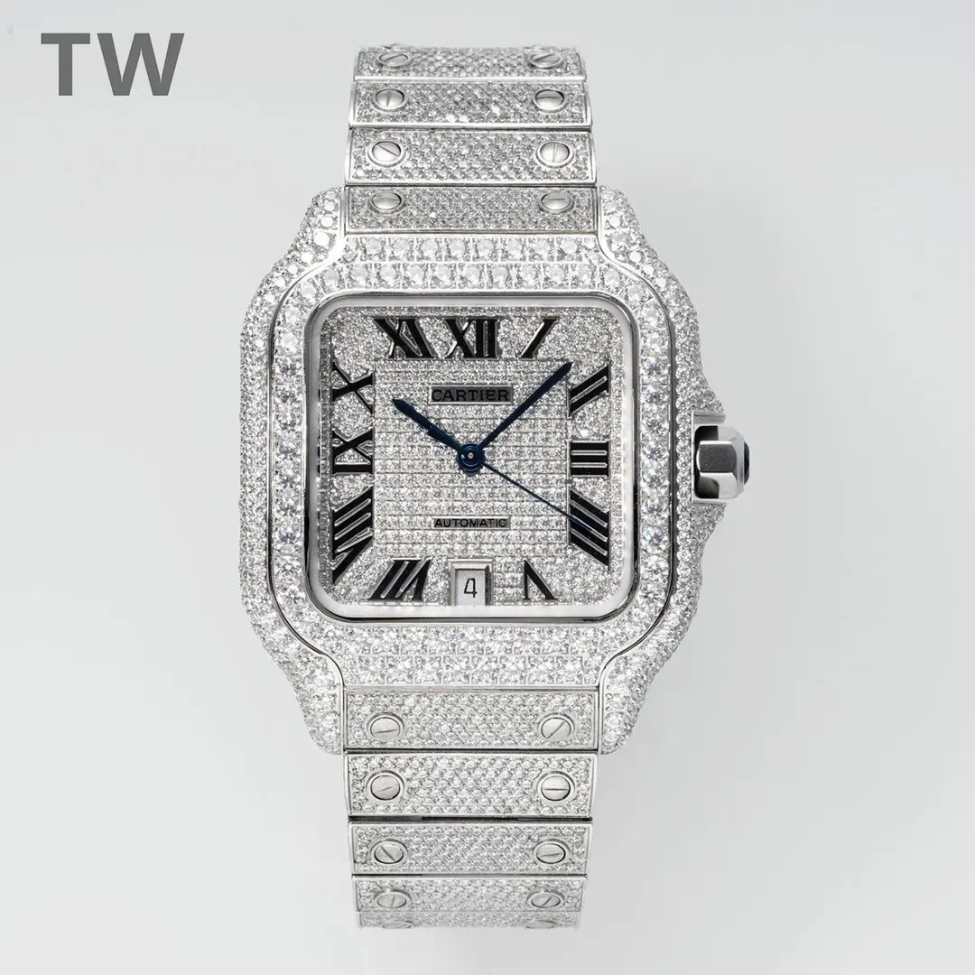 3K Factory Cartier Santos Full Diamond Silver Watch – Top Fake Cartier Watch