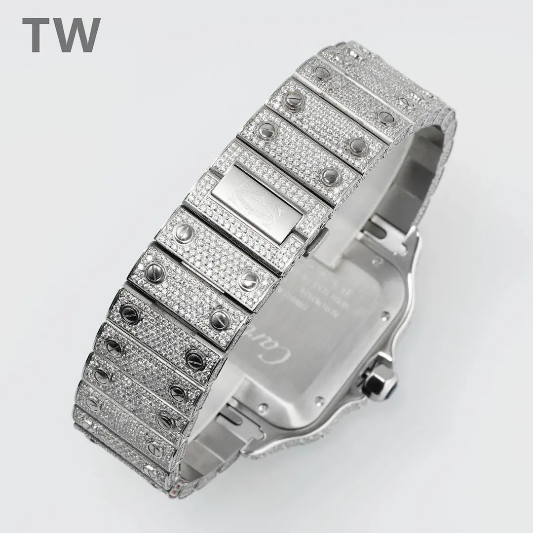 3K Factory Cartier Santos Full Diamond Silver Watch – Top Fake Cartier Watch - 图片 4