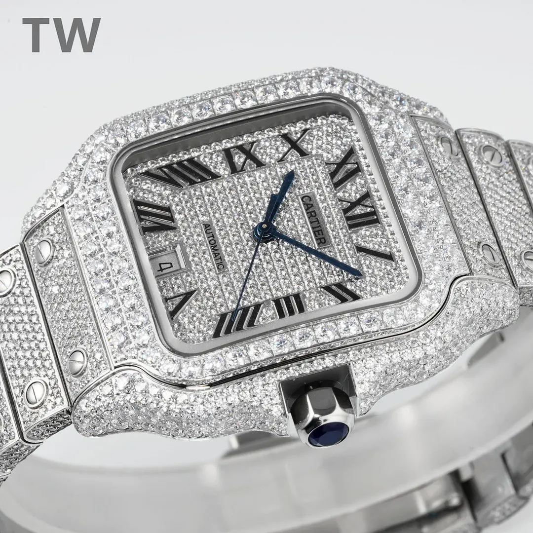 3K Factory Cartier Santos Full Diamond Silver Watch – Top Fake Cartier Watch - 图片 7