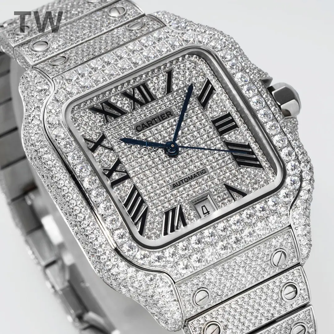 3K Factory Cartier Santos Full Diamond Silver Watch – Top Fake Cartier Watch - 图片 9