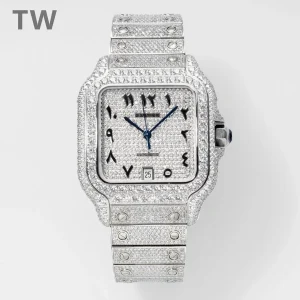 3K Factory Cartier Santos Full Diamond Watch Silver – Best Replica Watches