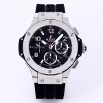GS Factory Hublot Big Bang 44mm Black Dial Chronograph Watch with Rubber Strap – Silver Case | Super Clone Edition
