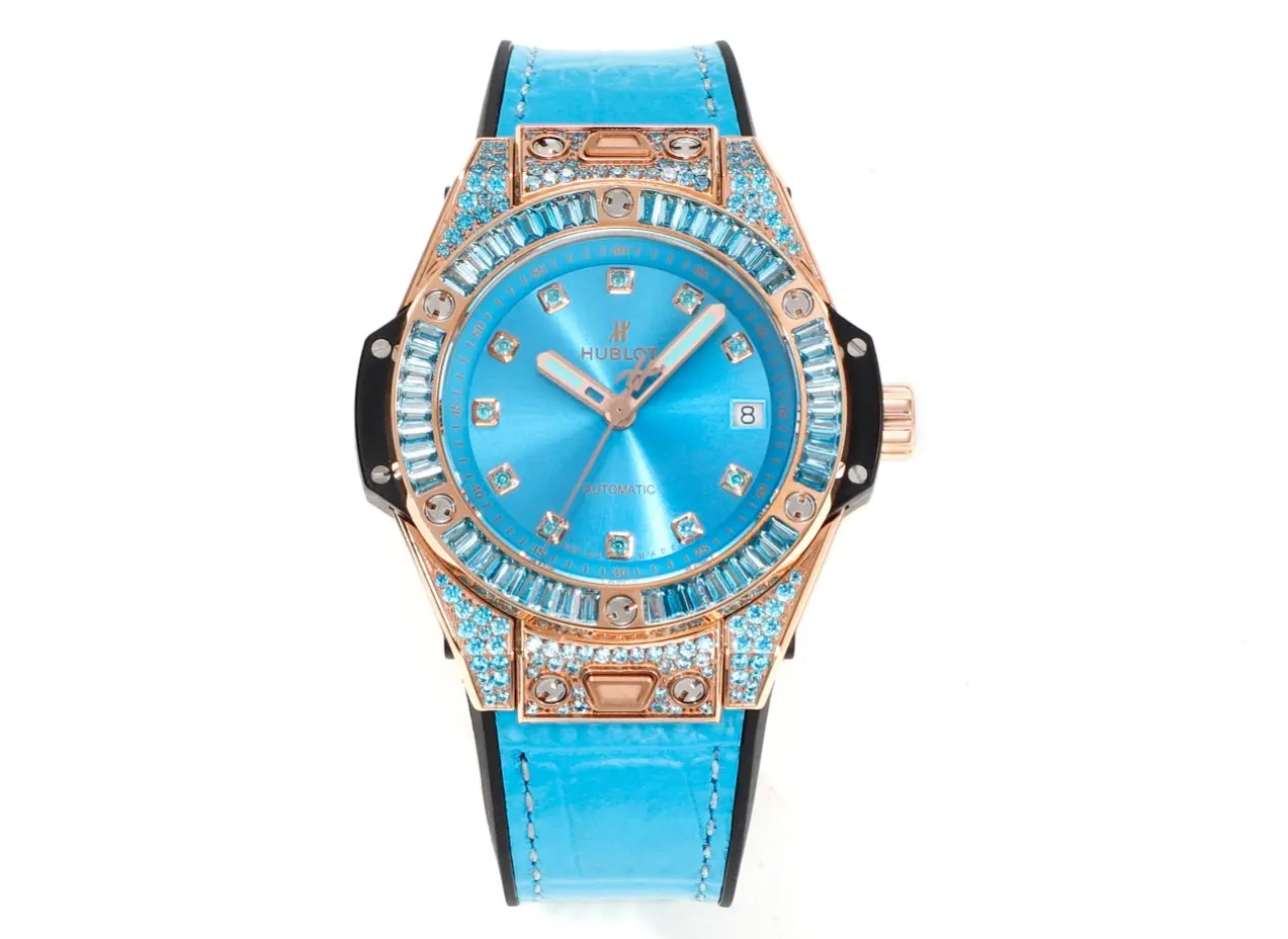 GS Factory HUBLOT Big Bang One-Click 39mm Stainless Steel Rainbow Watch – Blue Dial, Rose Gold and Diamond Bezel, Blue Leather Strap, Best Replica Watch