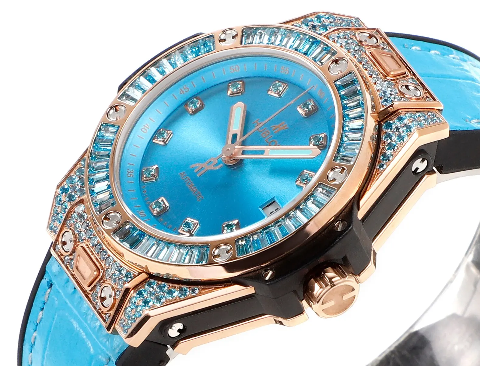 GS Factory HUBLOT Big Bang One-Click 39mm Stainless Steel Rainbow Watch – Blue Dial, Rose Gold and Diamond Bezel, Blue Leather Strap, Best Replica Watch - 图片 4