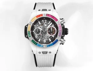 GS Factory Hublot Big Bang Unico Rainbow Ceramic Watch – White with Multicolor Bezel, Automatic Chronograph, 45mm, Super Clone Edition