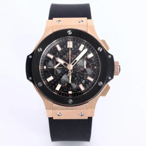 HB Factory Hublot Big Bang 44mm Rose Gold Black Dial Chronograph Watch with Rubber Strap – Super Clone Edition