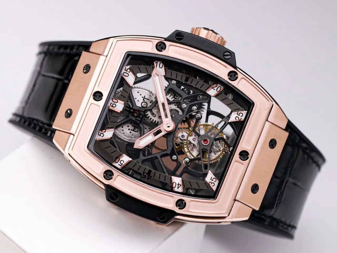 ZF Factory Hublot Masterpiece 906 Rose Gold/Platinum Plated Skeleton Tourbillon Watch with Black Leather Strap – Super Clone Excellence - 图片 4