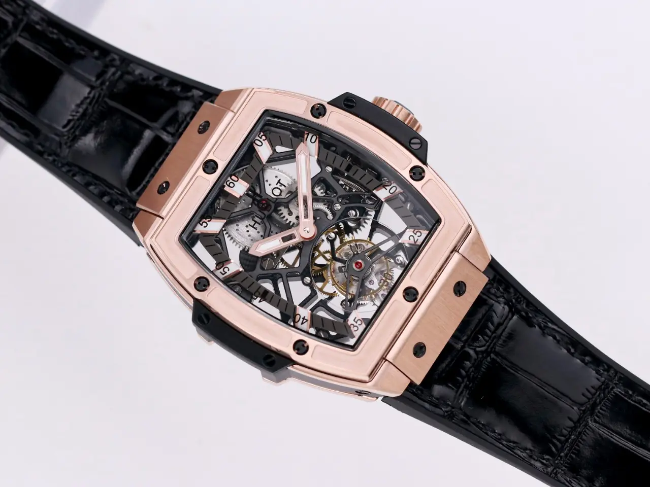 ZF Factory Hublot Masterpiece 906 Rose Gold/Platinum Plated Skeleton Tourbillon Watch with Black Leather Strap – Super Clone Excellence - 图片 8