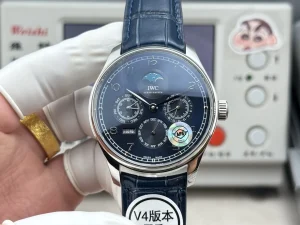 IWC Portugieser Perpetual Calendar Automatic Men’s Watch Blue Dial Leather Strap Silver Case