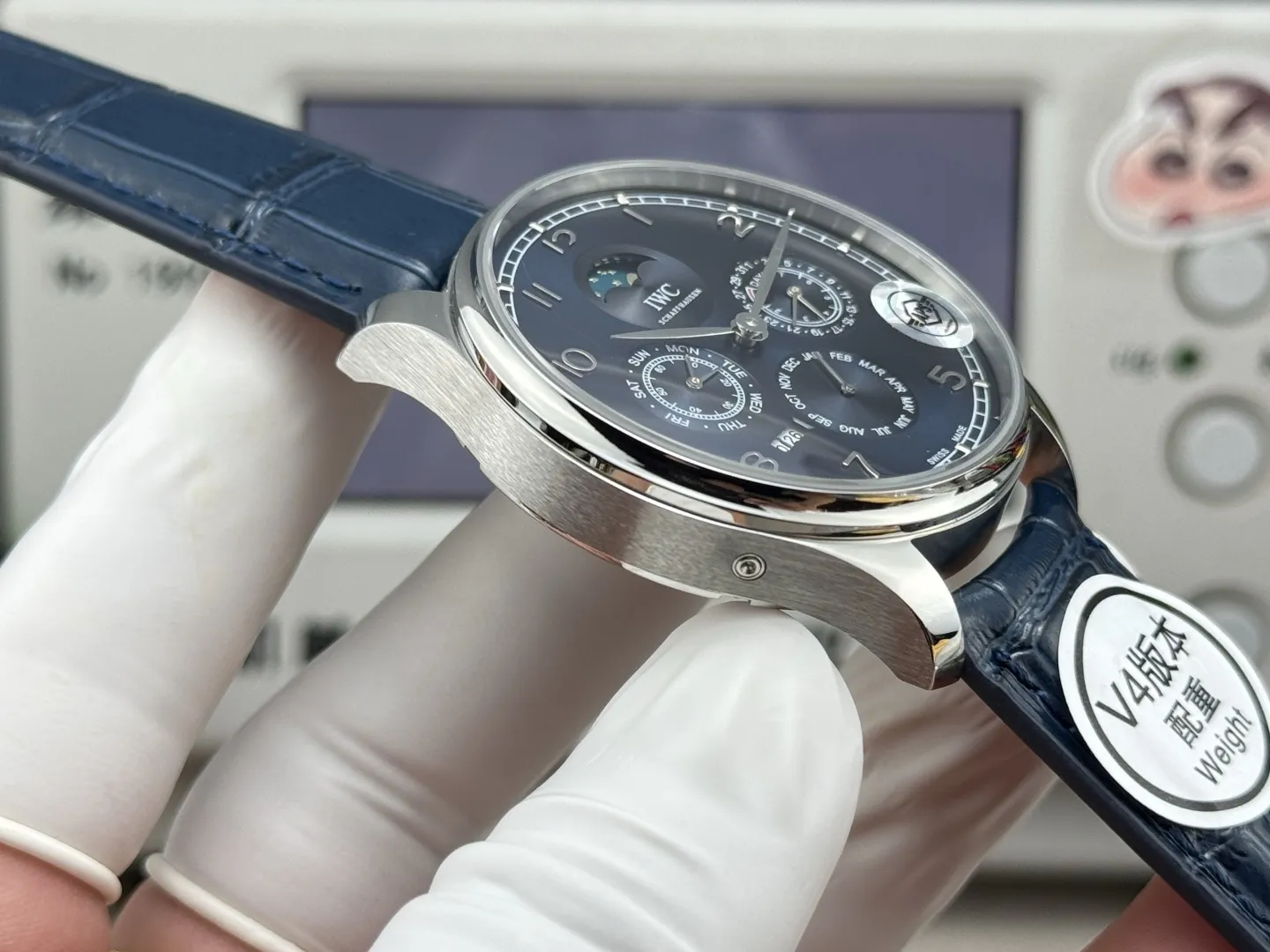 IWC Portugieser Perpetual Calendar Automatic Men’s Watch Blue Dial Leather Strap Silver Case - 图片 5