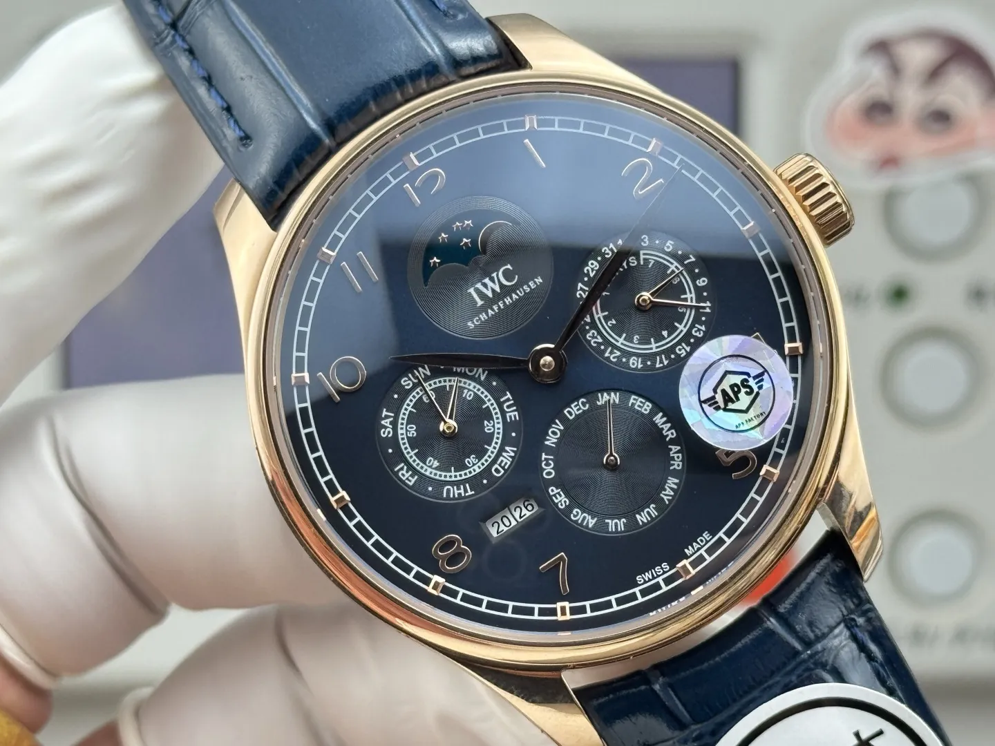 IWC Portugieser Perpetual Calendar Automatic Men’s Watch – Navy Blue Dial, Moonphase, Blue Leather Strap, Rose Gold Case - 图片 4
