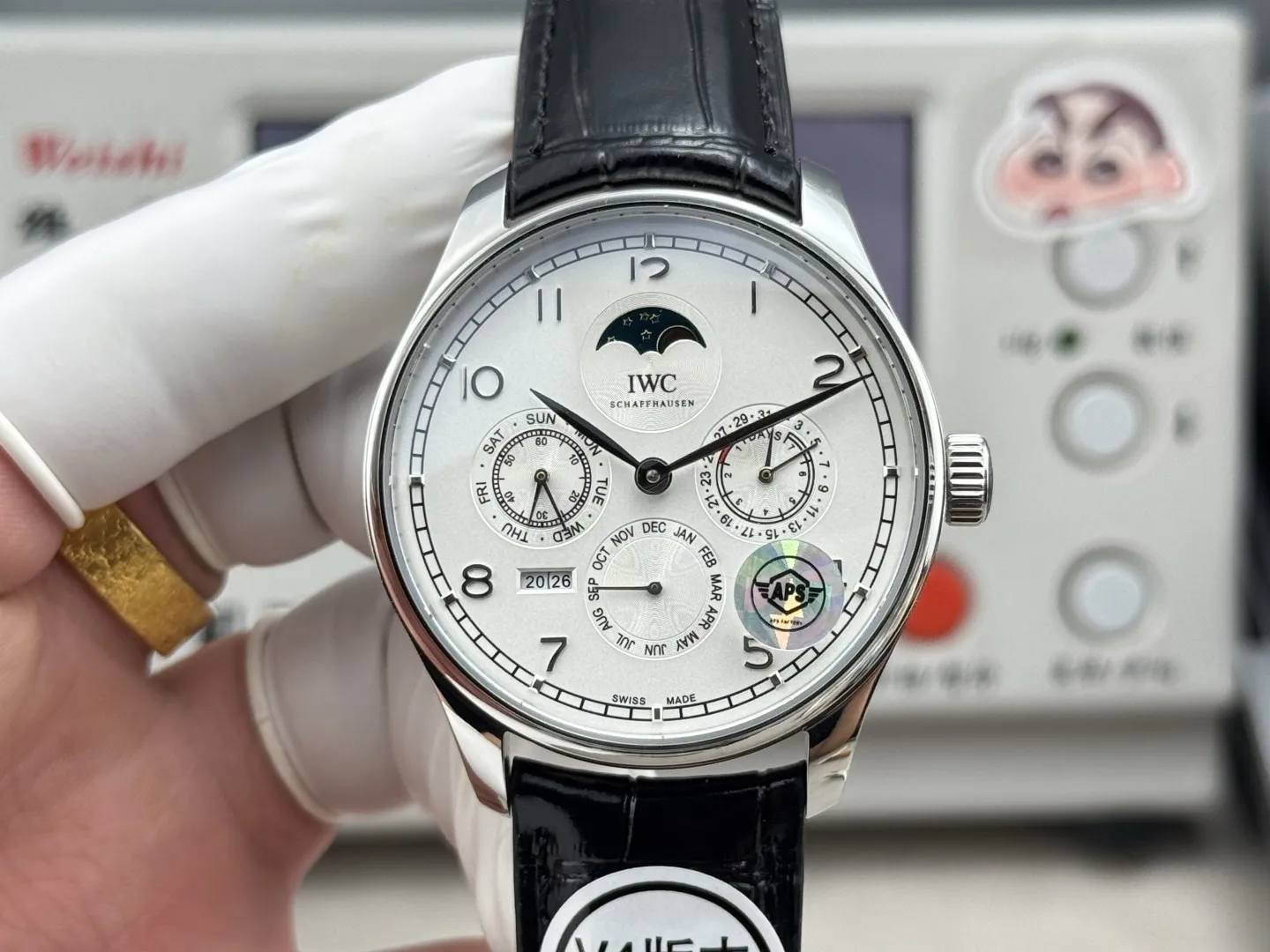IWC Portugieser Perpetual Calendar Automatic Men’s Watch, Silver Case, White Dial, Black Leather Strap