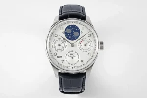 IWC Portugieser Perpetual Calendar Automatic Men’s Watch – Silver Case, White Dial with Moon Phase, Black Leather Strap