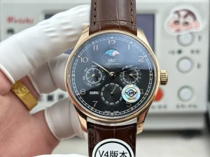 IWC Portugieser Perpetual Calendar Black Dial Rose Gold Case Brown Leather Strap Men’s Luxury Watch
