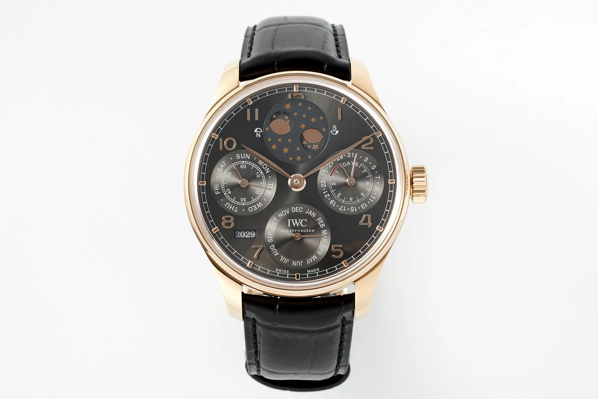 IWC Portugieser Perpetual Calendar Rose Gold Automatic Men’s Watch with Black Dial and Leather Strap