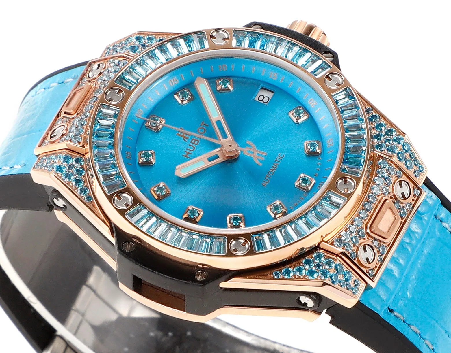 JB Factory HUBLOT Big Bang One-Click 39mm Stainless Steel Rainbow Watch – Blue Dial, Rose Gold and Diamond Bezel, Blue Leather Strap, Best Replica Watch - 图片 3