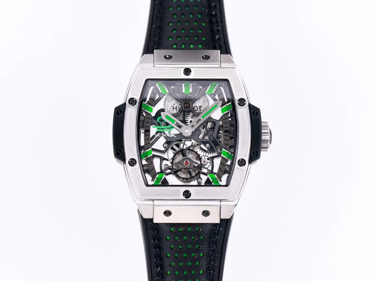JJ Factory Hublot Masterpiece 906 Tourbillon Watch – Silver with Green Accents, Manual Wind Movement, Leather Strap, Super Clone Design