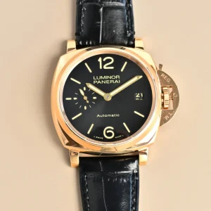 Panerai Luminor Automatic Black Dial Rose Gold Case Black Alligator Leather Strap Men’s Luxury Watch
