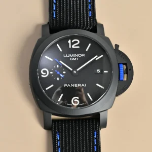 Panerai Luminor GMT Automatic Black Ceramic Dial Blue Accents Black Rubber Strap Men’s Luxury Watch