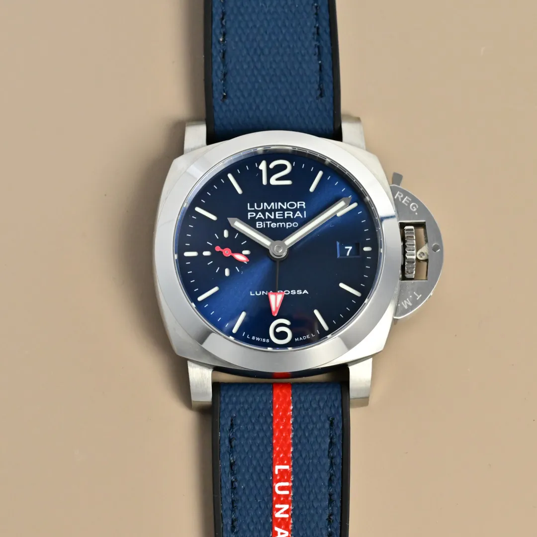 Panerai Luminor Luna Rossa Blue Dial Automatic Men’s Watch with Navy Fabric Strap and Red Accents